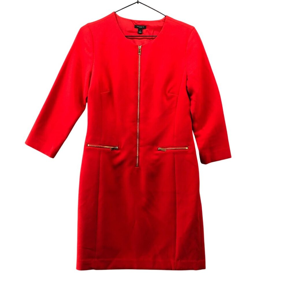 Ann Taylor Red Sheath Dress Size 2‎ 3/4 Sleeve Zip Front Career Formal Business